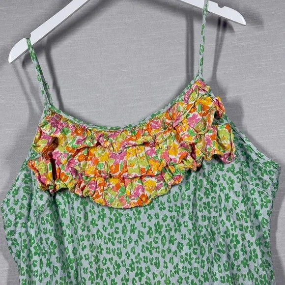 Rixo Dress Womens 2X Green Floral Neon Leopard Sleeveless Ruffle Chic Preppy - Picture 3 of 11
